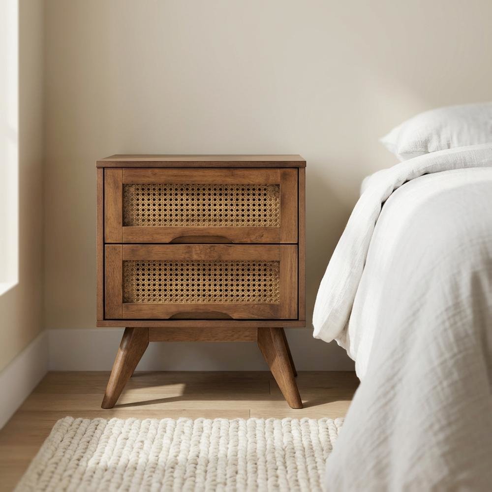 Walnut Finish Nightstand with Synthetic Rattan Accents and 2 Drawers