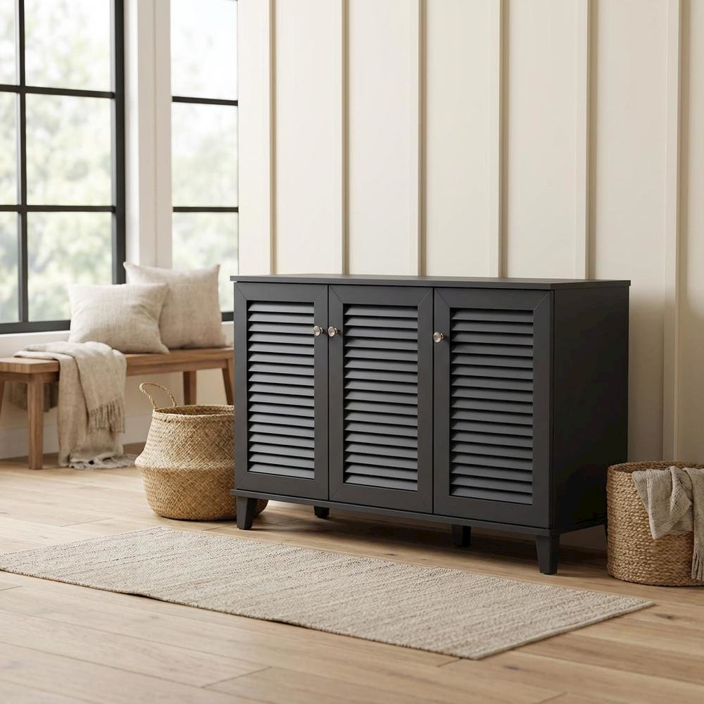 Dark Grey shoe storage cabinet with 8 shelves and engineered wood construction