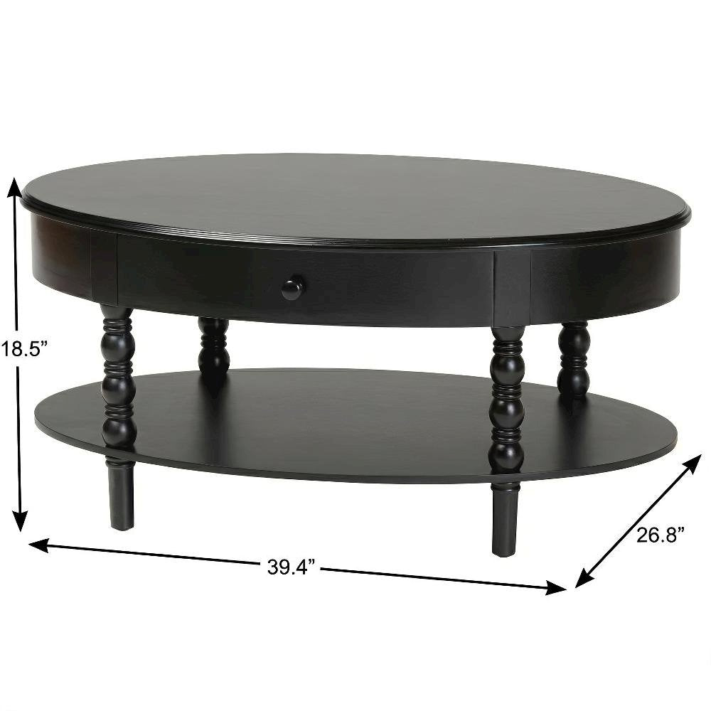 Black Wood 1-Drawer Coffee Table with Spindle Legs and Open Shelf