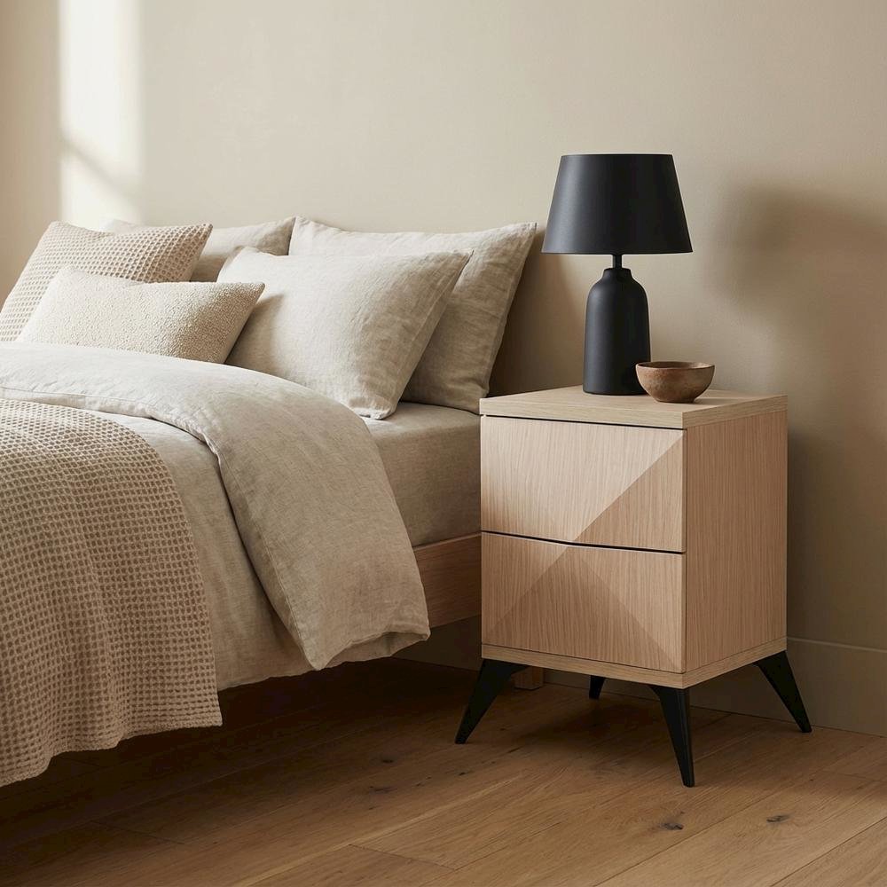 Two-Tone Light Brown, Black Wood Nightstand, 2 Drawers, Mid-Century Style