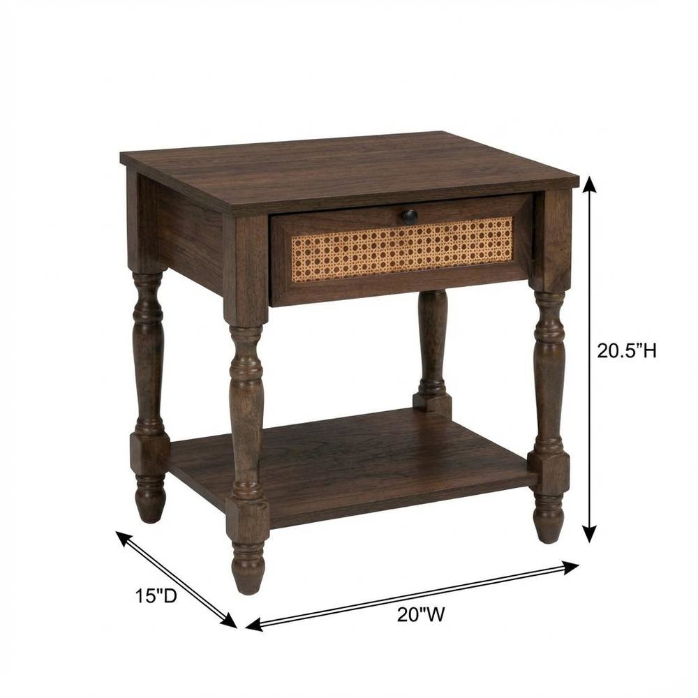 Dark Brown Nightstand with Rattan Accents and Wooden Legs
