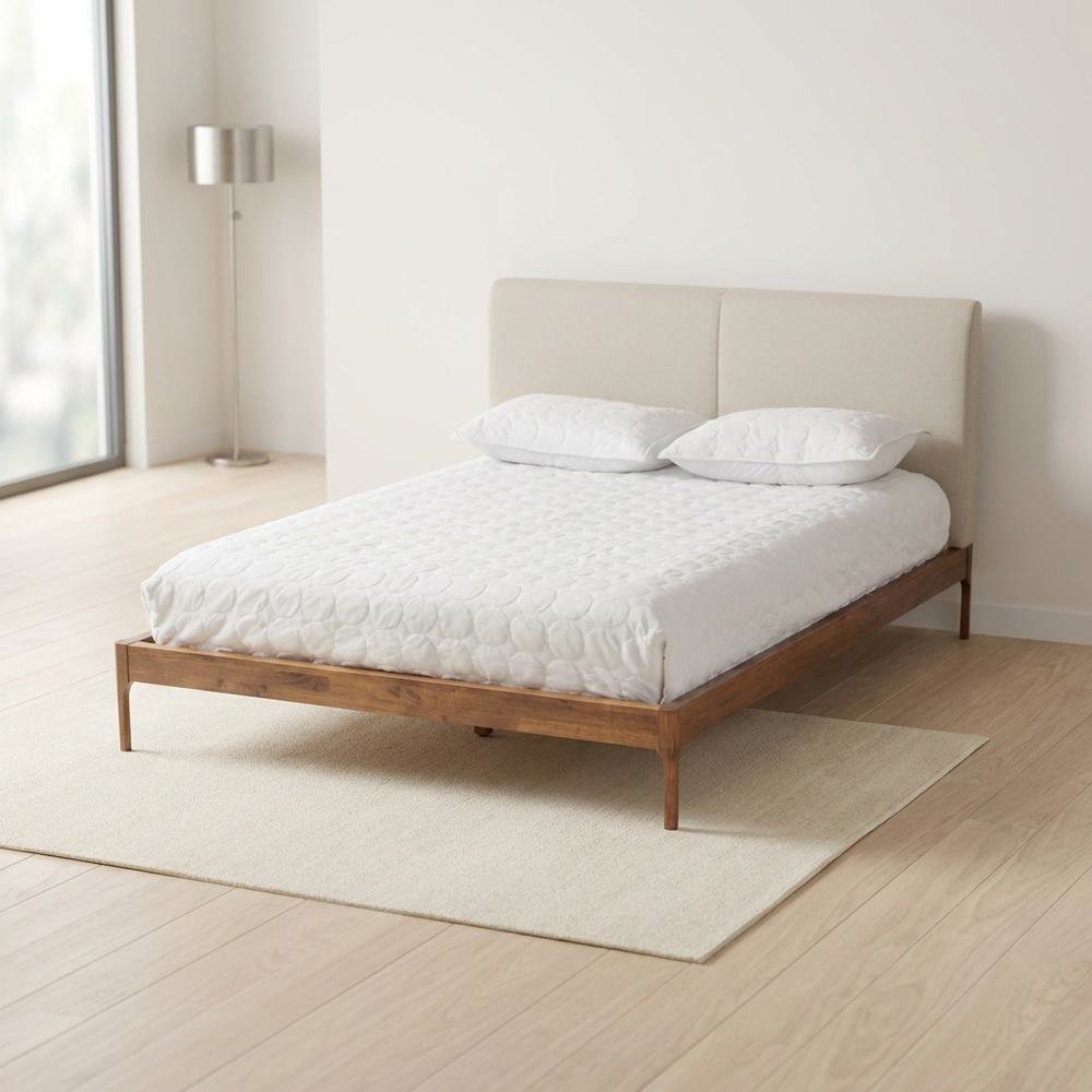 Mid-Century Modern Beige Fabric Upholstered Full Platform Bed with Walnut Finish