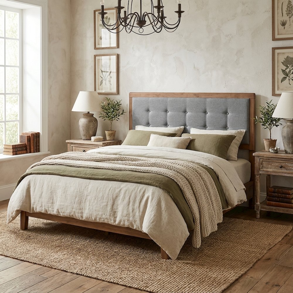 Dark Grey Fabric Upholstered Headboard with Button Tufting Rubberwood Frame
