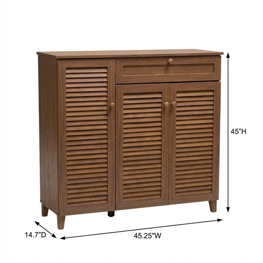 Contemporary Walnut Finish Shoe Storage Cabinet with 11 Shelves and Drawer