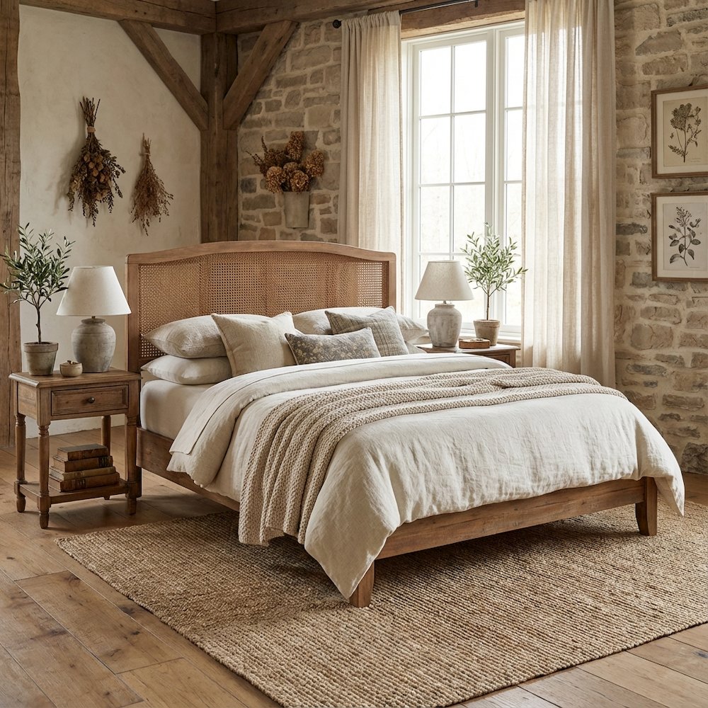 Brown Rubberwood Headboard Full Size, Synthetic Rattan Panel, Modern Design