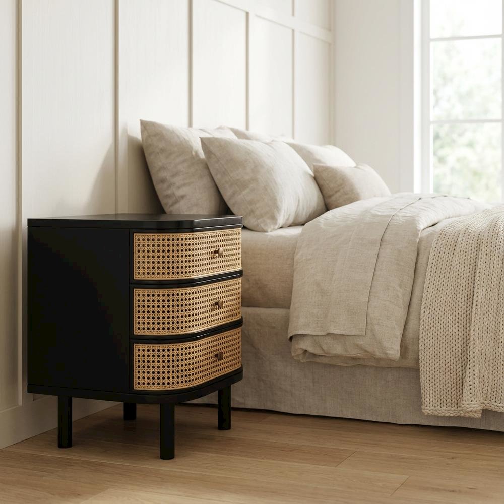 Bohemian Bayur Wood and Rattan Nightstand with 3 Drawers and Light Finish