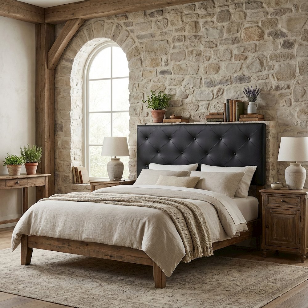 Black Faux Leather Queen Upholstered Headboard with Foam Padding and Wood Frame