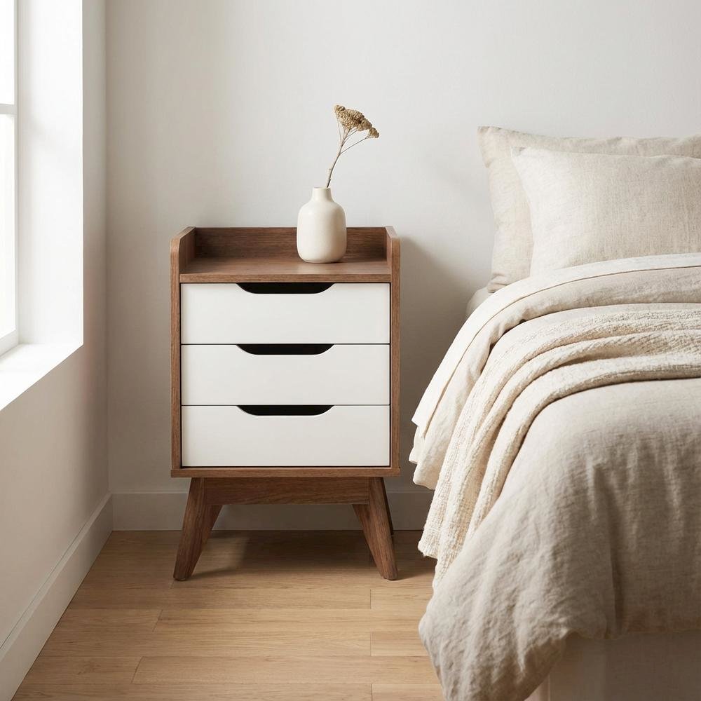 Mid-Century Modern Nightstand in White and Walnut Wood with Storage Drawers