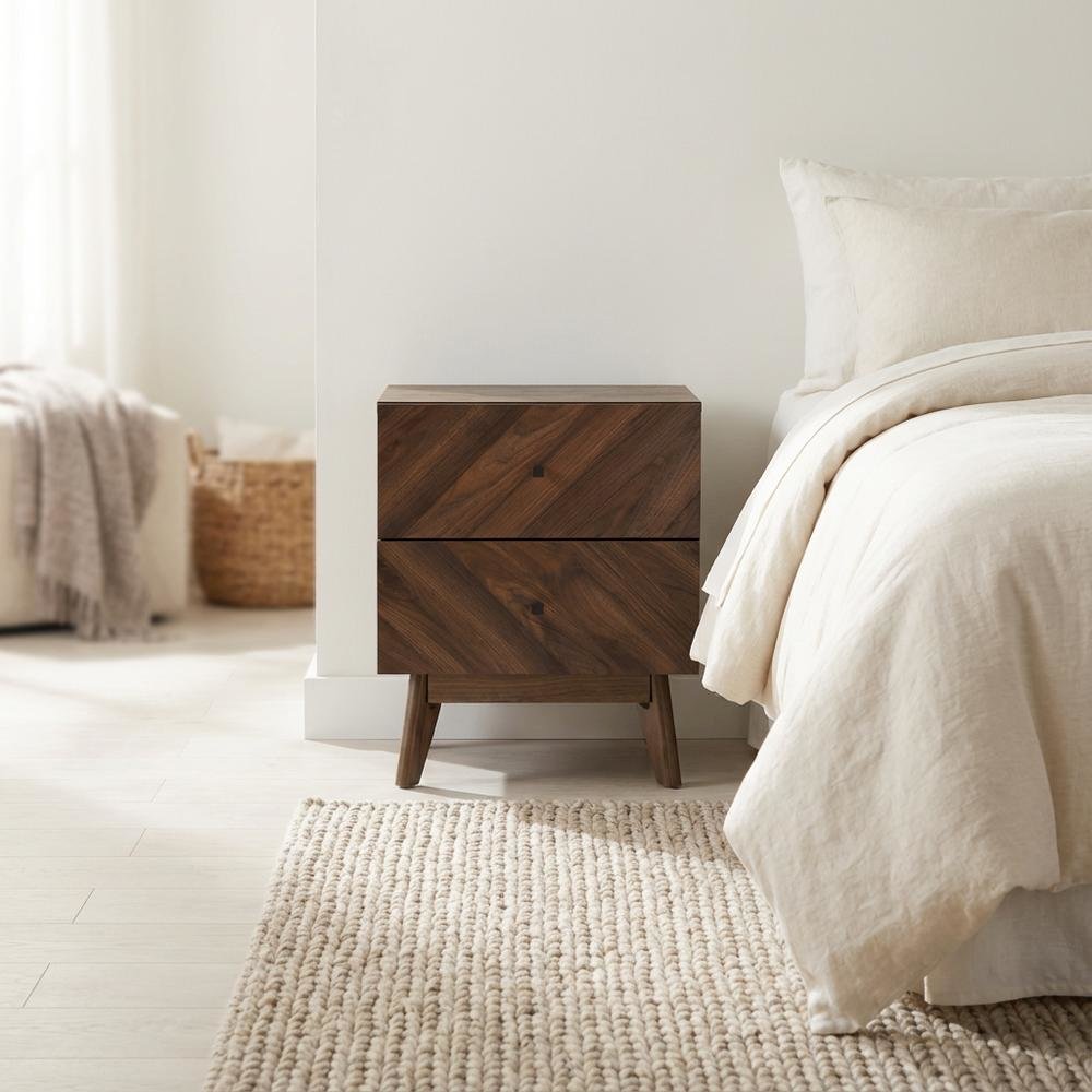 Walnut Finish Mid-Century Modern Nightstand with 2 Drawers and Mdf Frame
