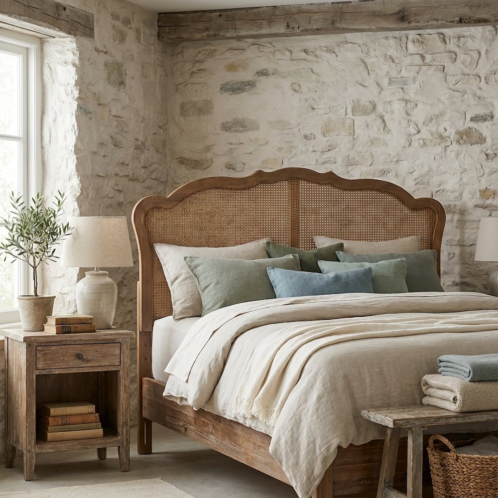 Ash Walnut Wood Queen Headboard with Rattan Panel and Traditional Design