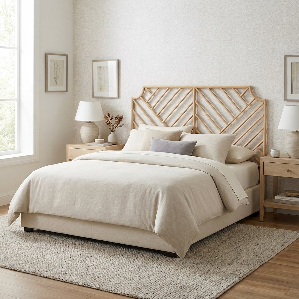 Brown Genuine Rattan Wall-Mount Headboard Queen Size Bohemian Design