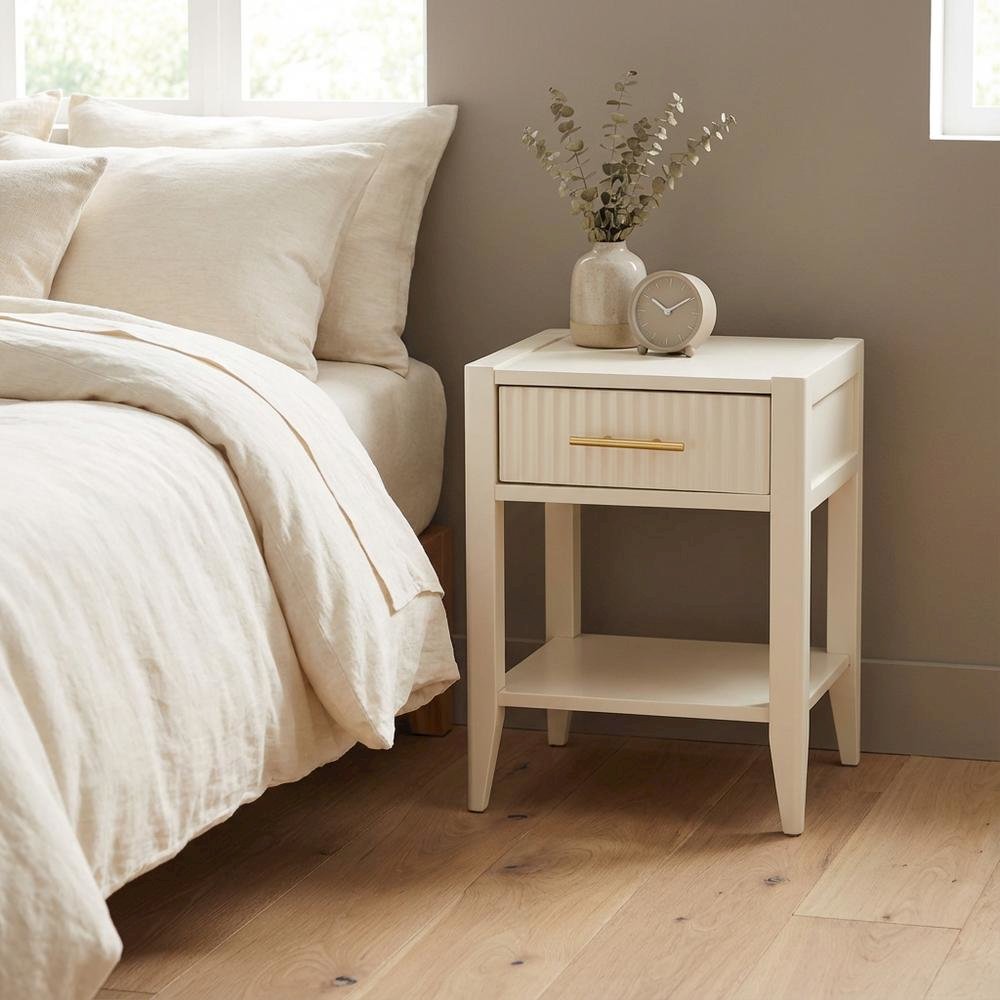 Ivory Wood Nightstand with Single Drawer for Bedroom Decor