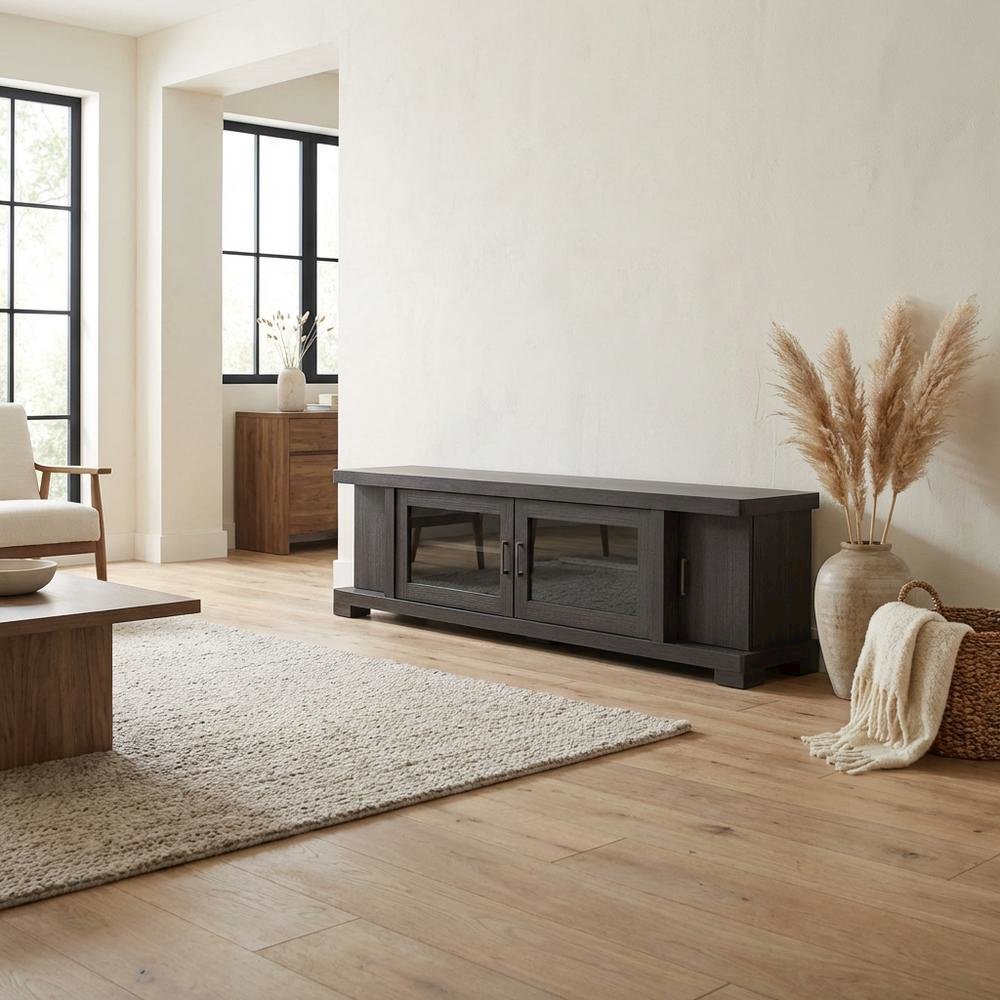 Contemporary Brown Wood TV Stand with Glass Doors and Elegant Finish