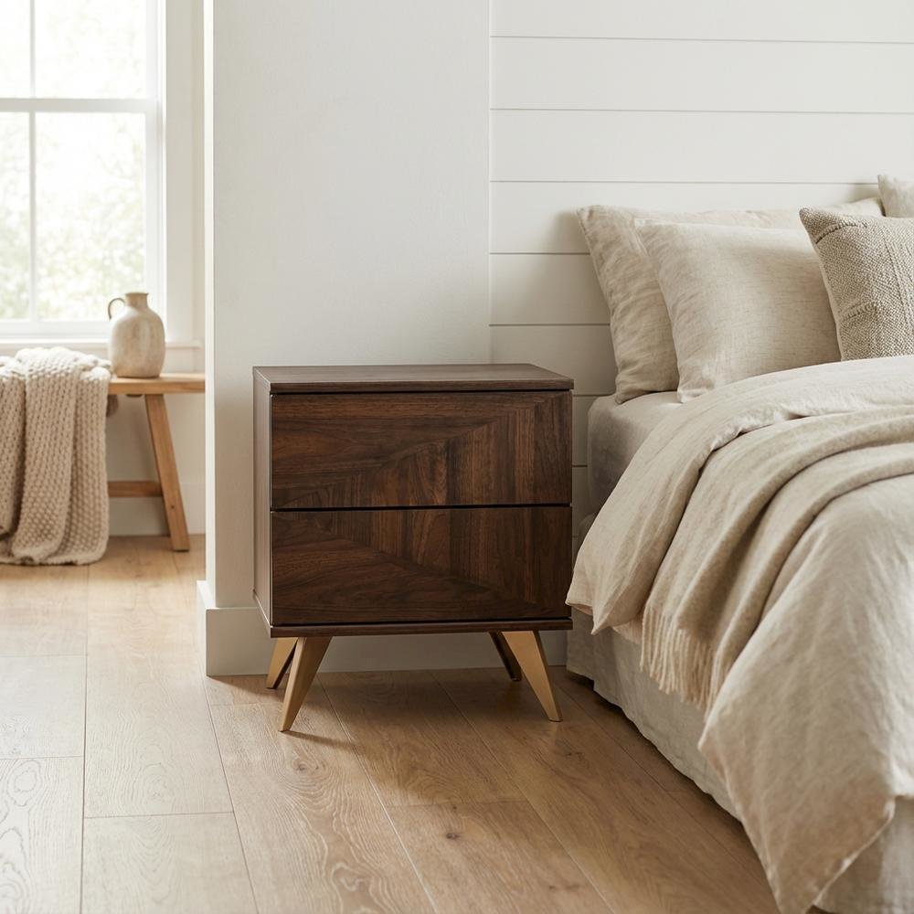 Walnut Brown Finished Wood Nightstand with 2 Drawers and Mid-Century Style