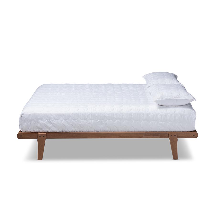 Mid-Century Full Size Platform Bed Frame in Brown, Rubberwood Construction