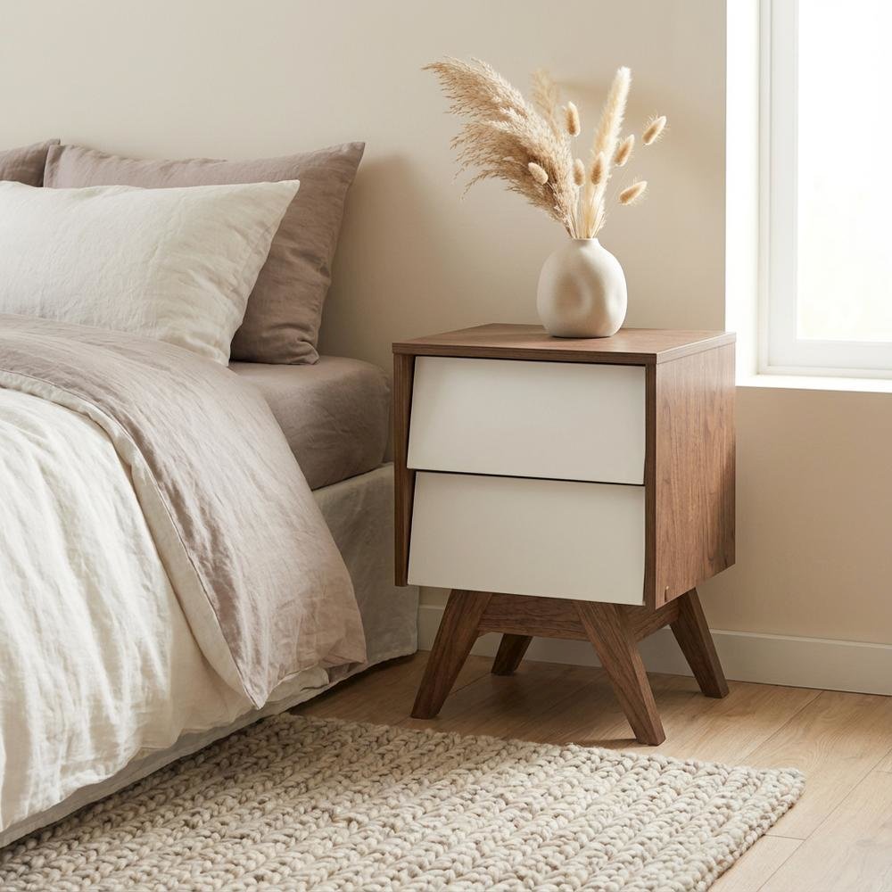 White Mid-Century Modern Nightstand with Walnut Finish and Storage