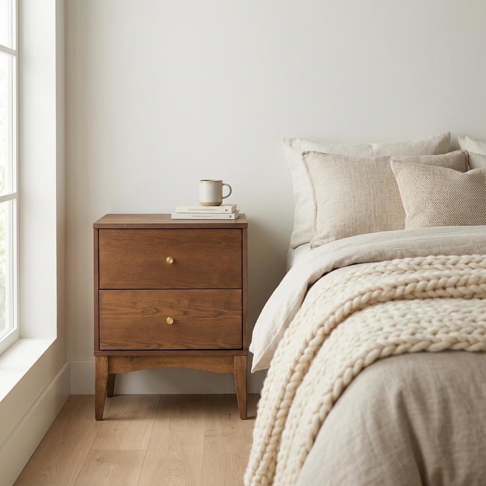Mid-Century Modern Ash Walnut Finish Nightstand with 2 Drawers, Rubberwood Frame