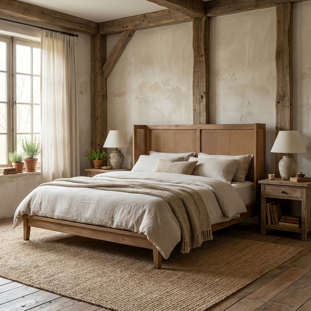Brown Rubber Wood King Size Headboard with Synthetic Rattan Wrap-Around Design