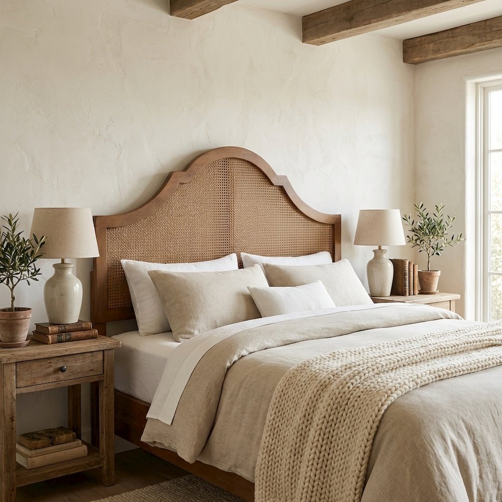 Rubber Wood Headboard in Ash Walnut Finish with Synthetic Rattan Panel