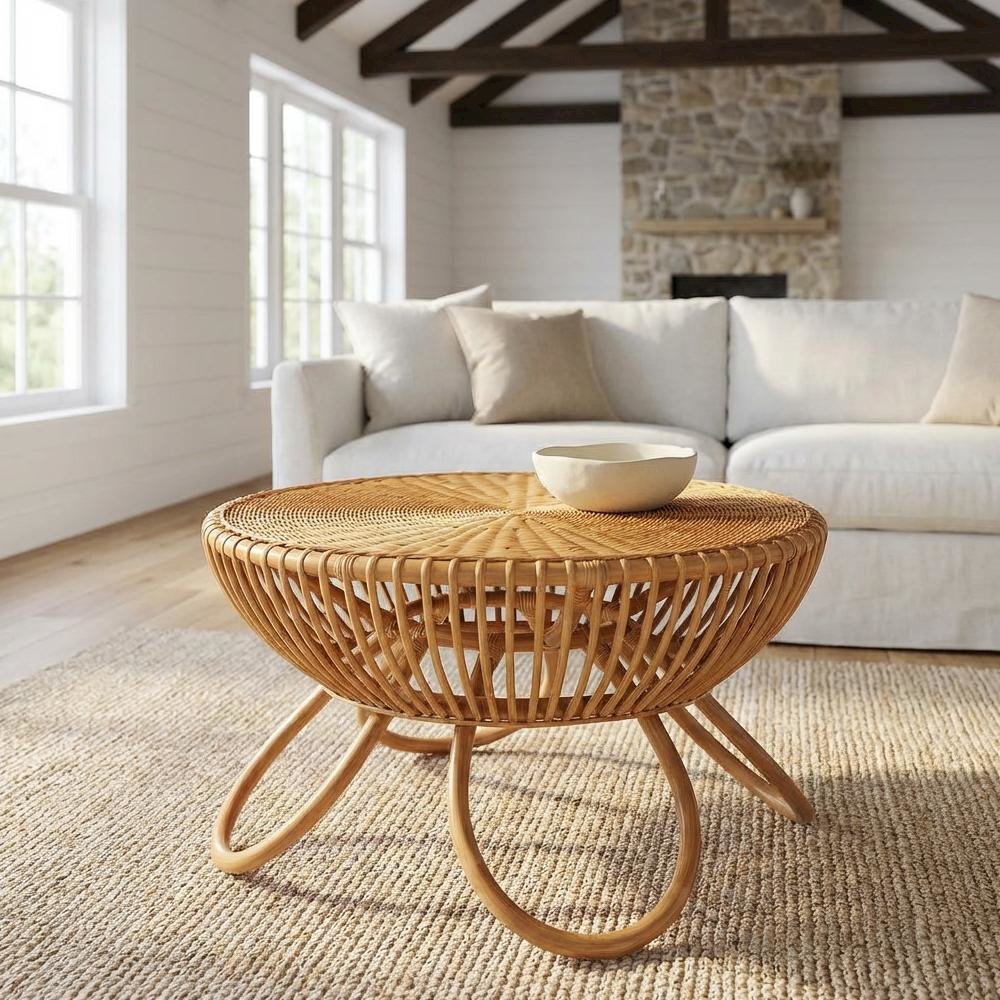 Genuine Rattan Coffee Table with Light Honey Legs and Bohemian Design