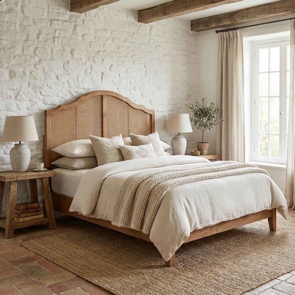 Brown Synthetic Rattan Queen Headboard with Rubberwood Frame and Wood Legs