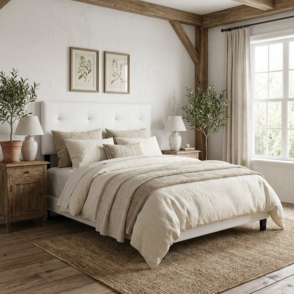 White Faux Leather Headboard Queen Size with PU Foam Padding and Wood Frame