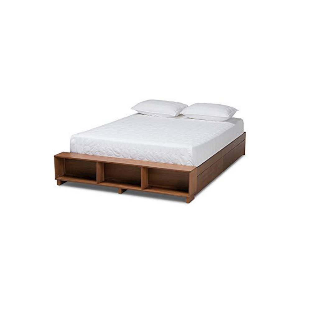 Baxton Studio Arthur Modern Rustic Ash Walnut Brown Finished Wood Queen Size Platform Bed with BuiltIn Shelves