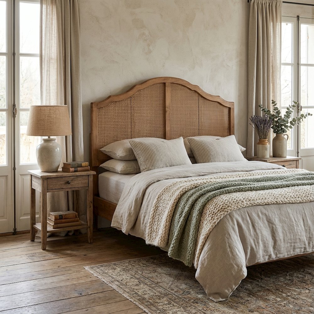 Brown Synthetic Rattan King Size Headboard with Rubberwood Frame and Wood Legs