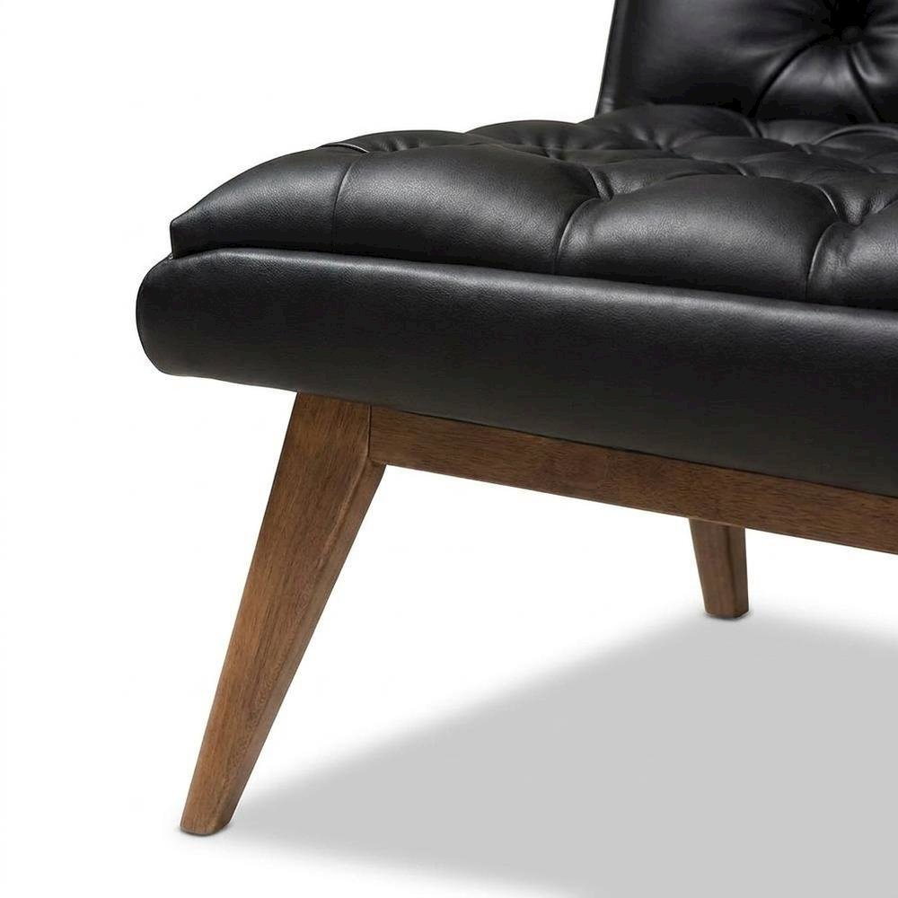 Faux Leather Mid-Century Modern Accent Lounge Chair with Walnut Wood Legs, Black