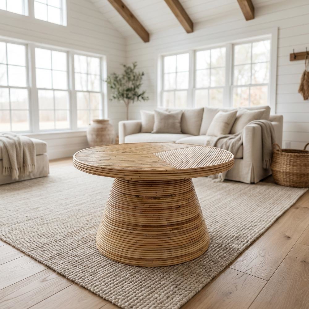 Authentic Rattan Coffee Table with Mahogany Wood Frame and Durable Plywood Top