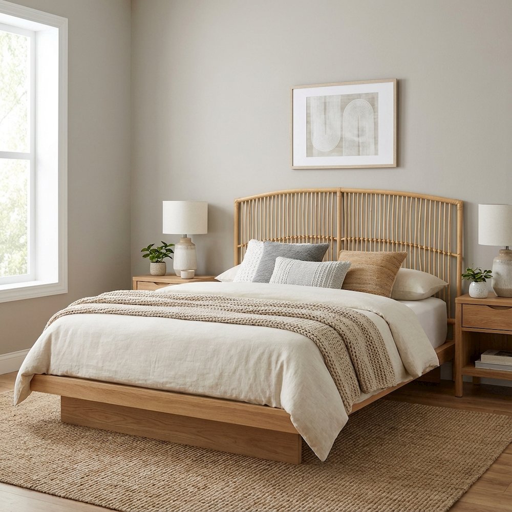 Brown Rattan Wall-Mount Queen Headboard, Bohemian Style, Non-Tufted Design