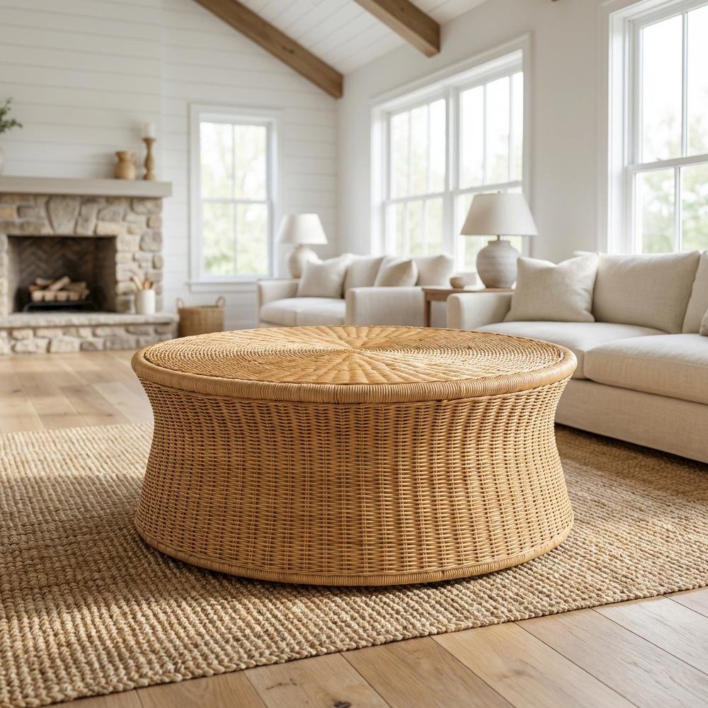 Genuine Rattan Round Coffee Table with Handwoven Wicker Drum Shape