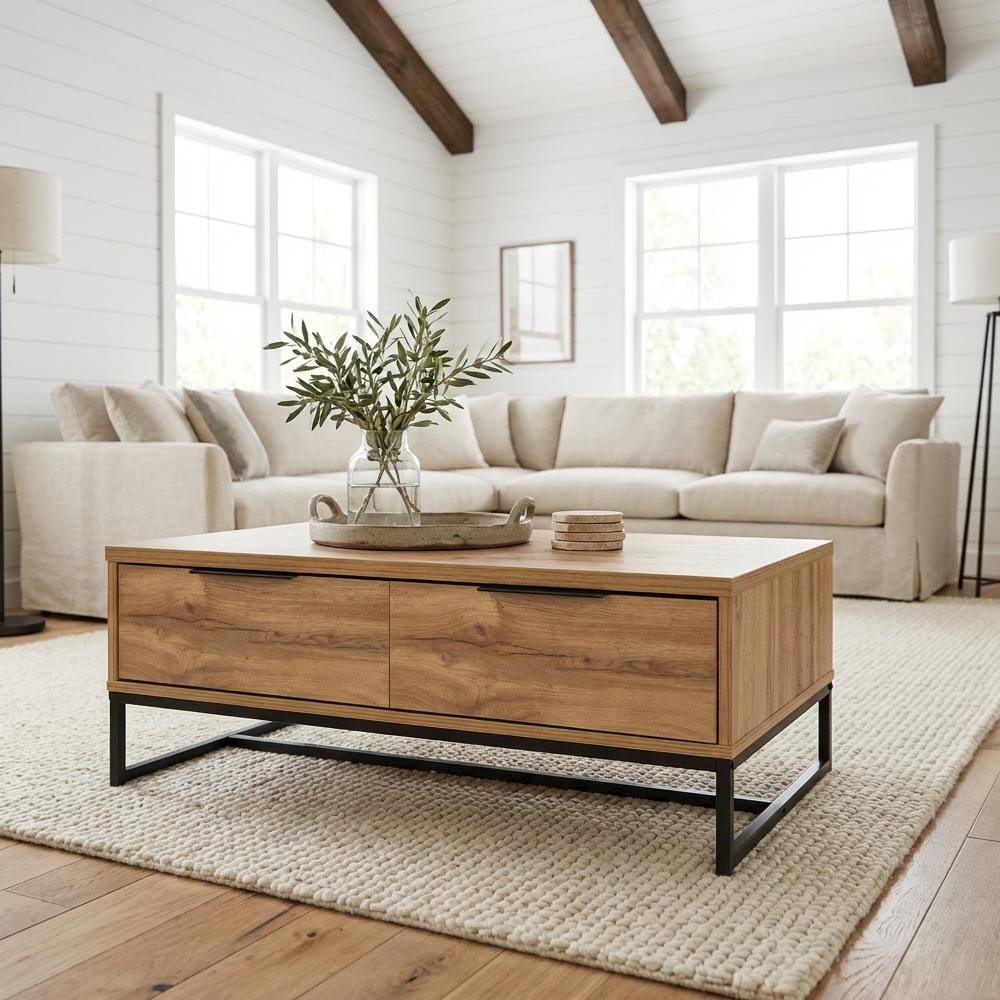 Brown Wood and Black Metal 2-Drawer Coffee Table MDF Frame Modern Design