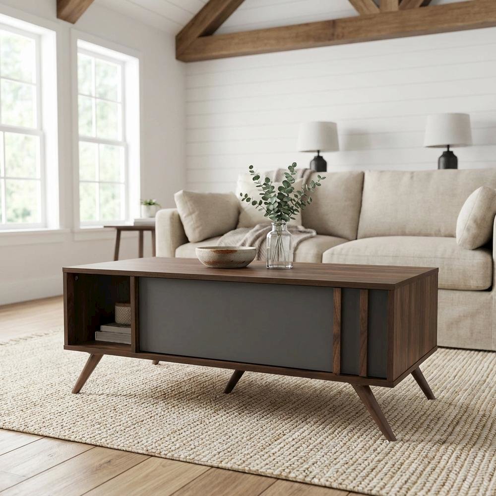 Two-Tone Grey and Walnut Coffee Table with 1 Drawer Modern Design