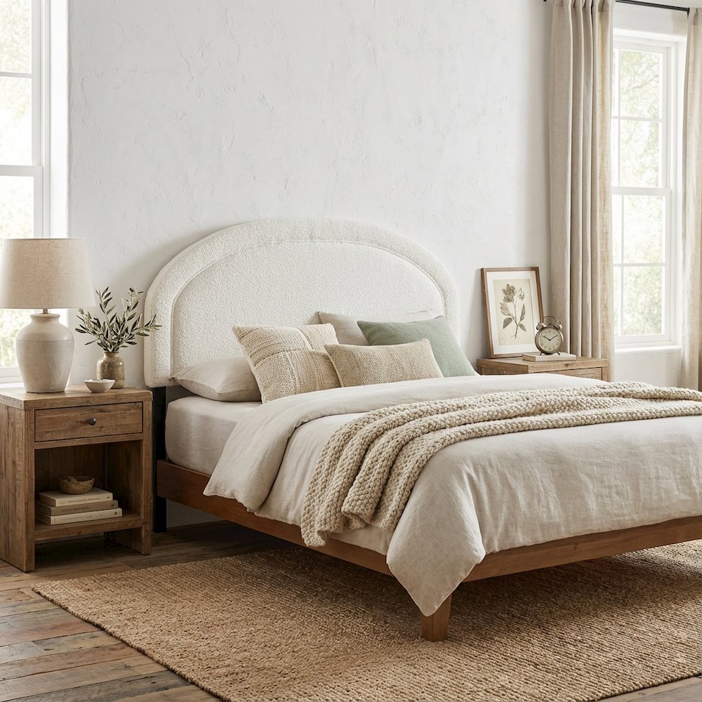 Cream Boucle Fabric Queen Headboard with Foam Padding and Plywood Frame
