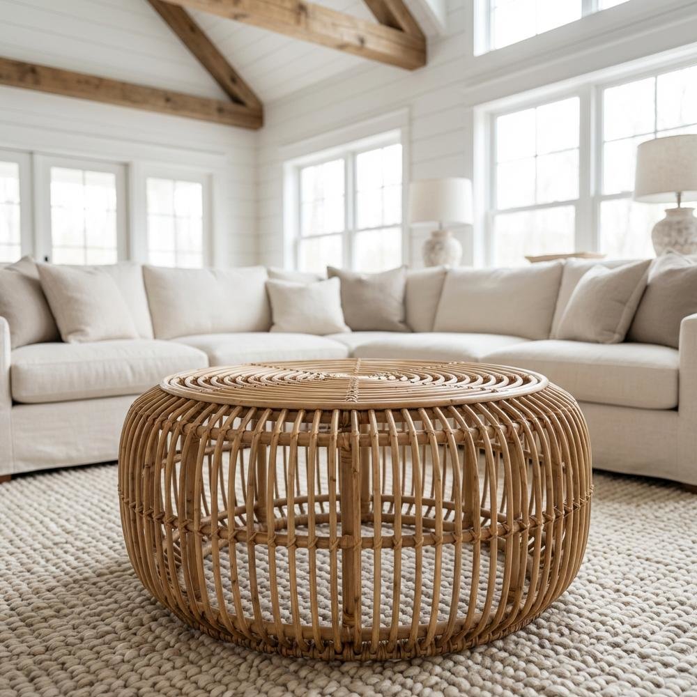 Authentic Brown Rattan Coffee Table with Antique Finish Bohemian Style
