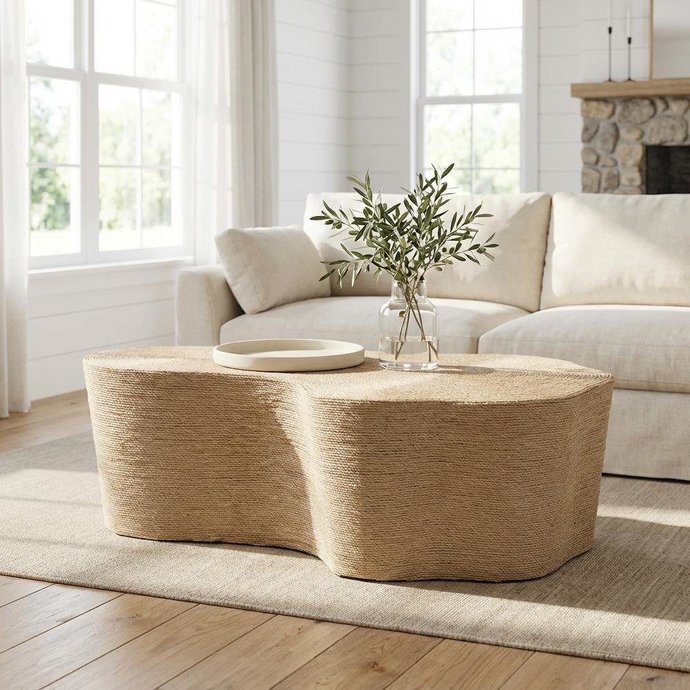 Earthy Brown Jute Coffee Table with Handwoven Textured Surface and MDF Frame