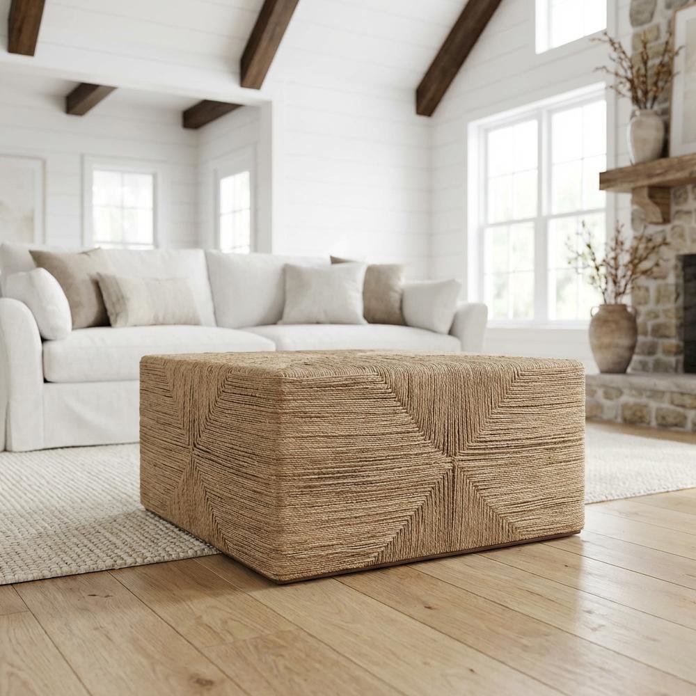 Neutral Brown Jute Coffee Table with Seagrass Surface and MDF Base, Single Piece