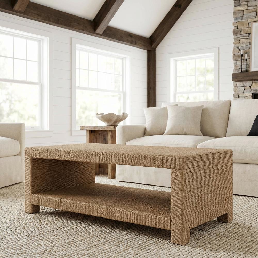 Warm Brown Rectangular Coffee Table with Handwoven Jute Top and MDF Legs