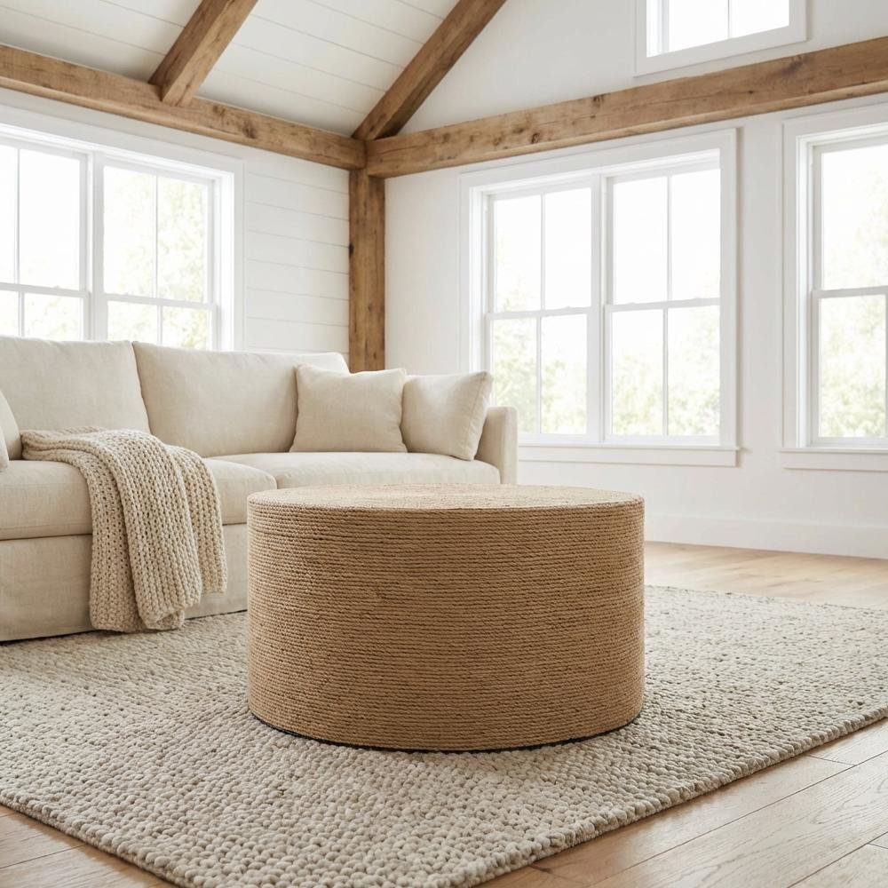 Round Handwoven Authentic Jute Coffee Table with Boho Style and Sturdy Build