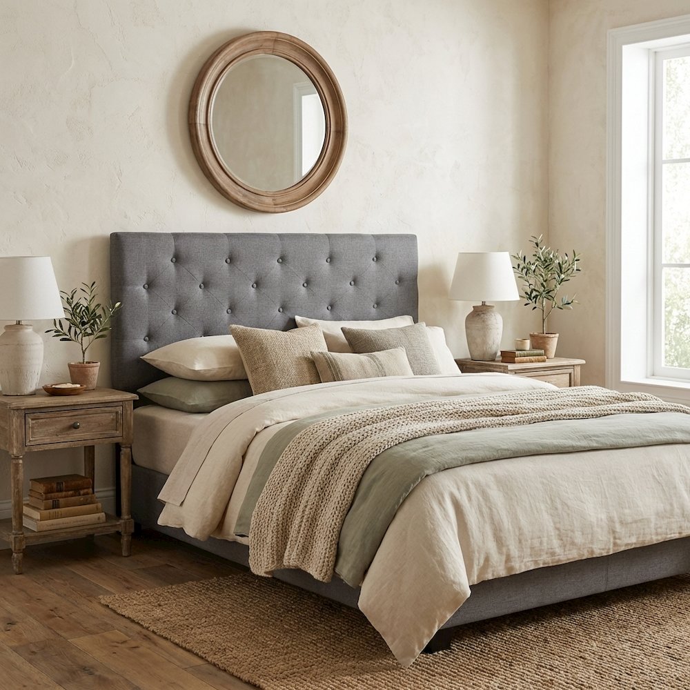 Grey Fabric Upholstered Headboard with Button-Tufted Design and Hardwood Frame