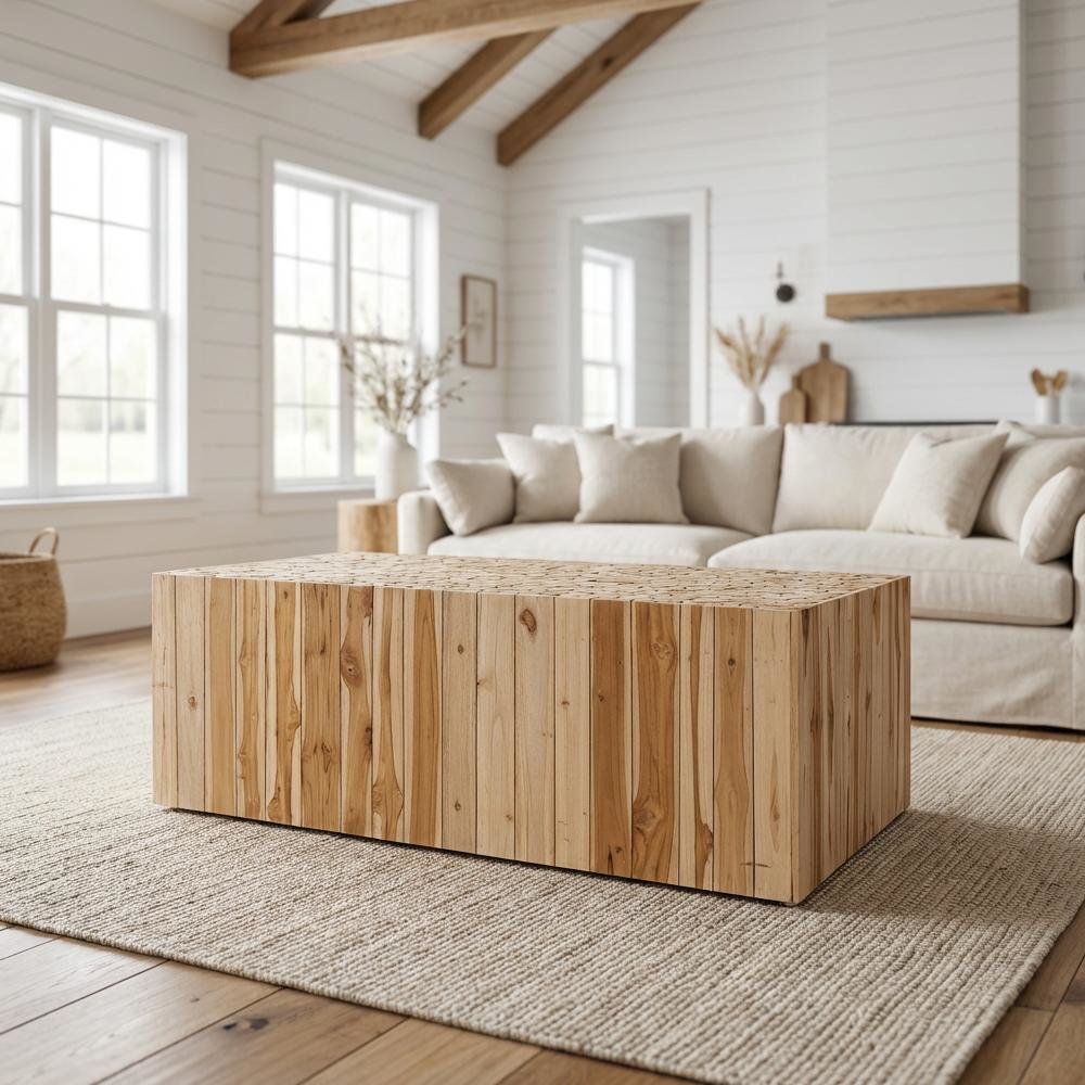 Authentic Brown Teak Wood Coffee Table with Repurposed Wood Logs and Solid Frame