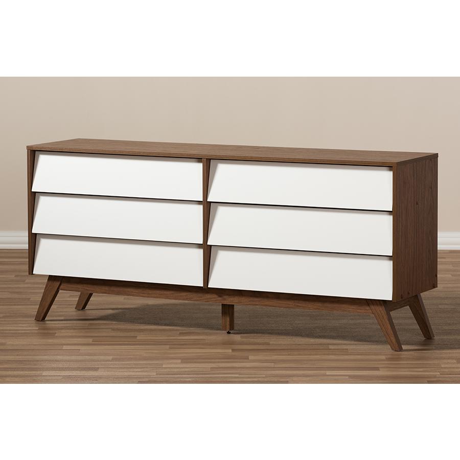 Hildon Mid-Century Modern White and Walnut Wood 6-Drawer Storage Dresser