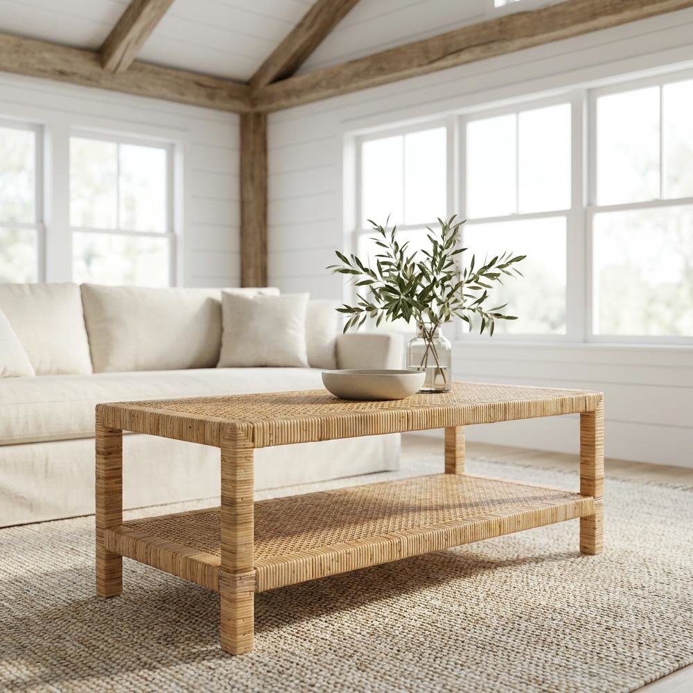Light Honey Rattan and Mahogany Wood Coffee Table with Rattan-accent Frame