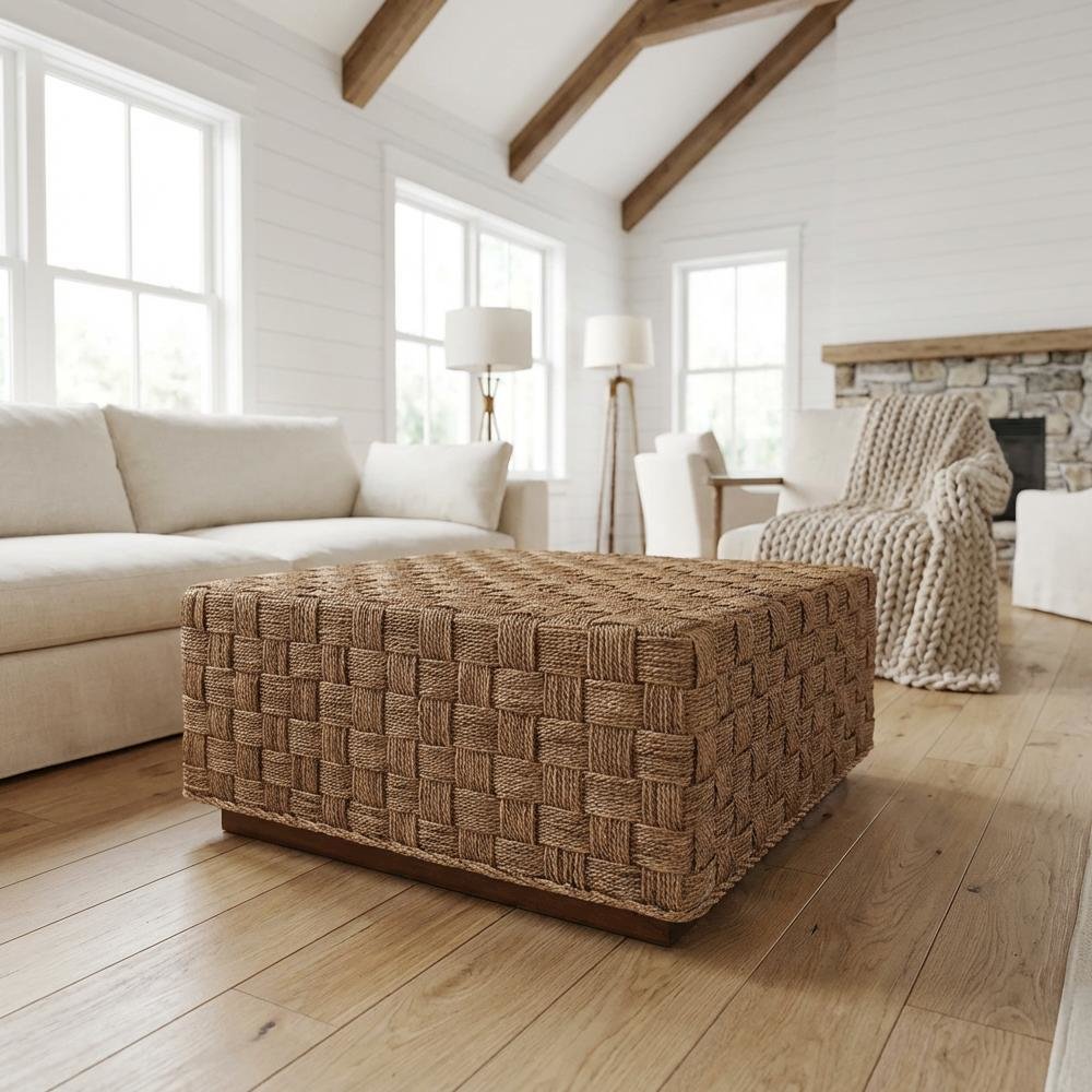 Woven Seagrass Coffee Table with Acacia Wood Frame and Light Brown Legs