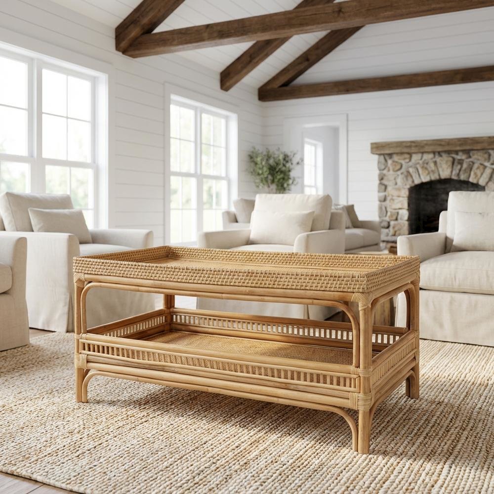 Genuine Brown Rattan Coffee Table with MDF Top and Bohemian Design