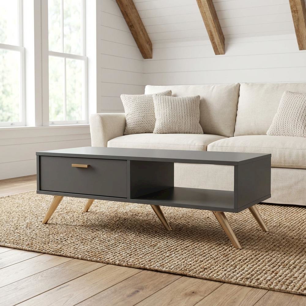 Dark Grey Wood Coffee Table with Gold Finish and Contemporary Design