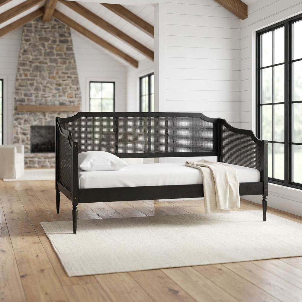 Mid-Century Wood and Synthetic Rattan Twin Daybed Frame, Black/Charcoal