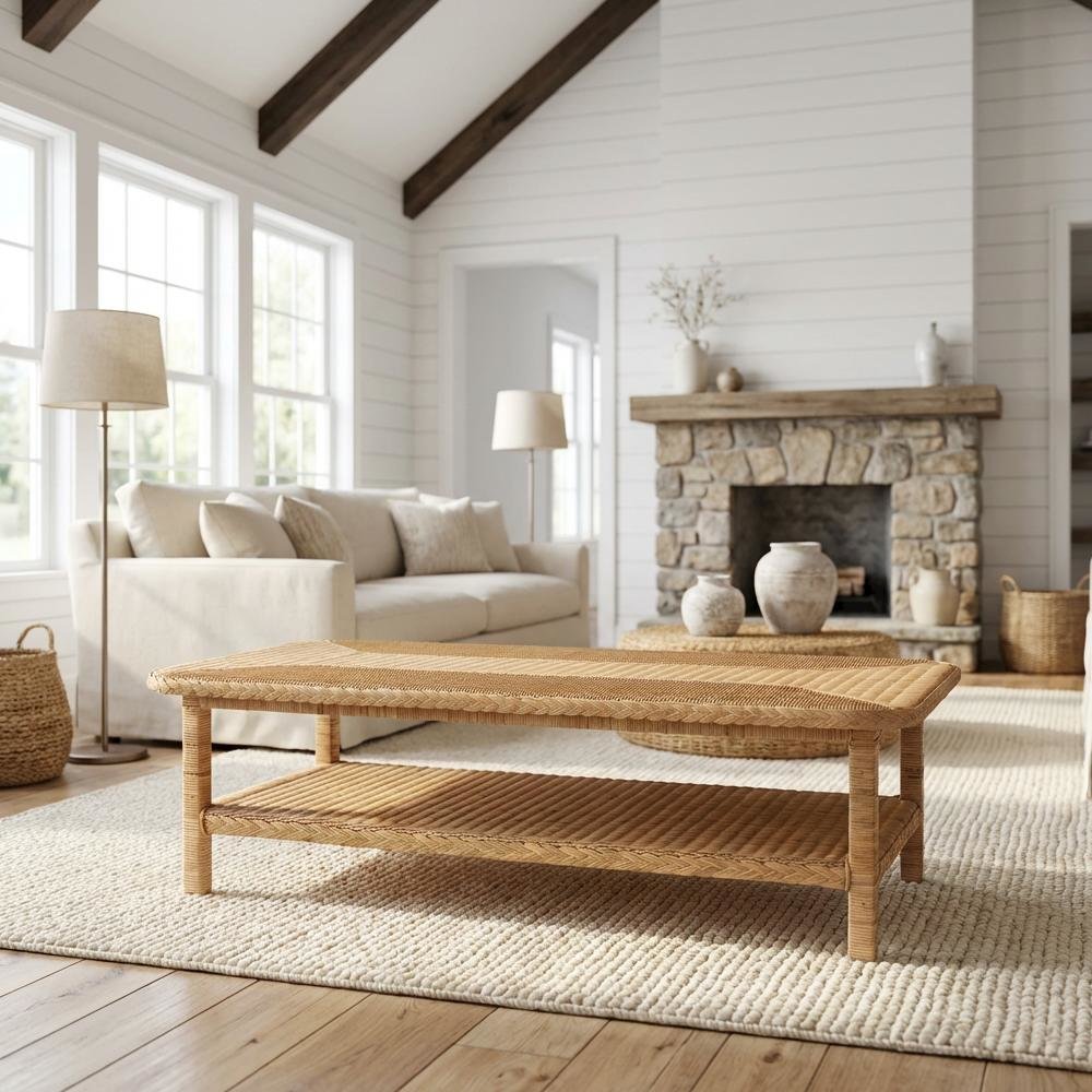 Light Honey Braided Rattan Coffee Table with Mahogany Bohemian Style