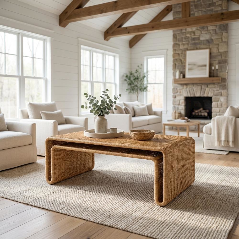 Light Honey Rattan Coffee Table with Genuine Rattan Legs Bohemian Style